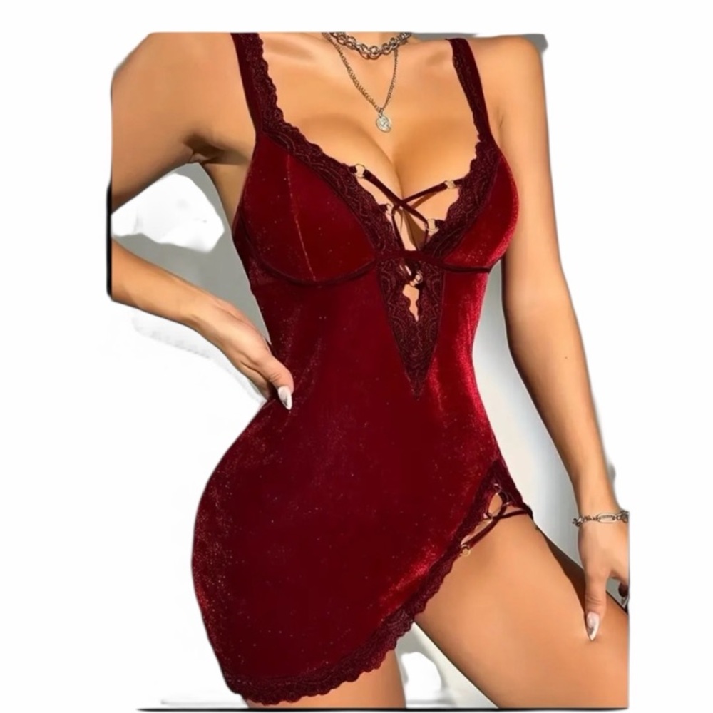 NEW•Sugared + Bronzed Merlot Velvet Lace Trimmed Dress